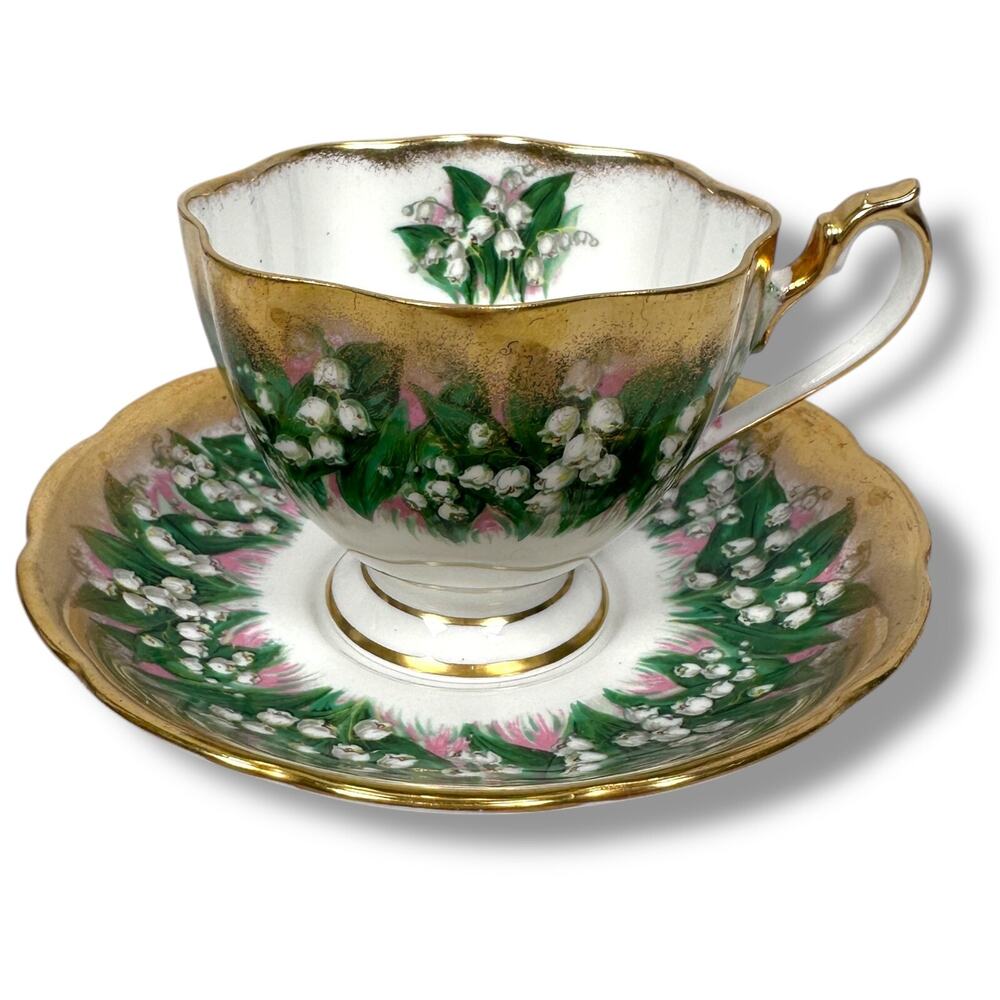 Vintage Queen Anne Lily of The Valley Cup and Saucer White Heavy Gold Gilt China